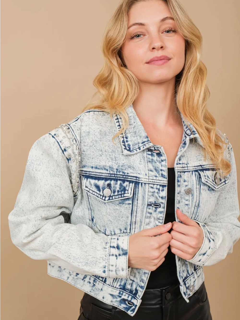 New Blue B. Rhinestone Beaded Acid-Wash Cropped Jean Jacket - Picture 3 of 3